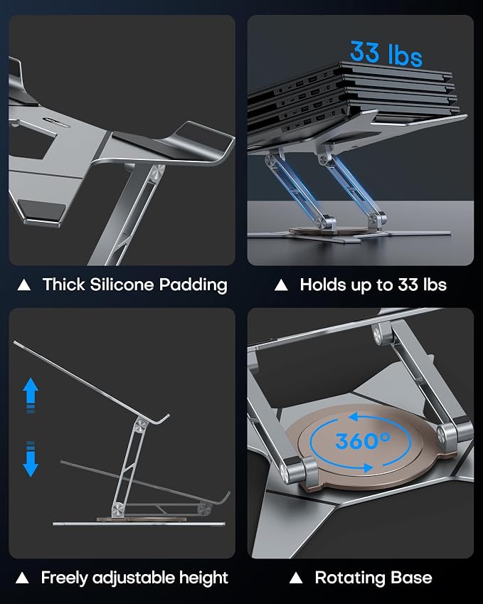 OMOTON Heavy Duty Laptop Stand, 33 lbs Gaming Laptop Riser, 360° Rotating | Aluminum Alloy, 11-17" Gaming Laptop, Height Adjustable, 360° Rotating, Thick Dual Arms, Anti-Slip, Ergonomic, Sturdy - Image 3