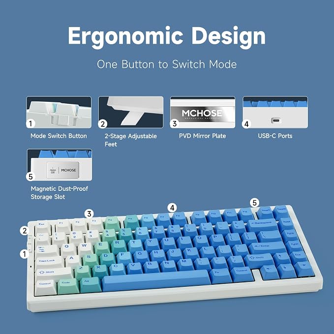 MCHOSE G75 PRO 75% Wireless Mechanical Keyboard, TKL Keyboards Tri-Mode BT5.0/2.4GHz/USB-C, Hot Swap Custom Creamy Keyboards Linear Switch, Double Shot PBT Keycaps RGB LED Backlit, White&Blue - Image 8