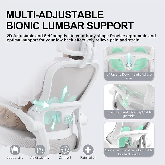 Ergonomic Office Chair,Ultra Thick Spring Cushion Desk Chair,Grey | Adjustable Lumbar Support and Headrest,Flip-up Arms,Rocking Function,Mesh Home Office Computer Chair - Image 4