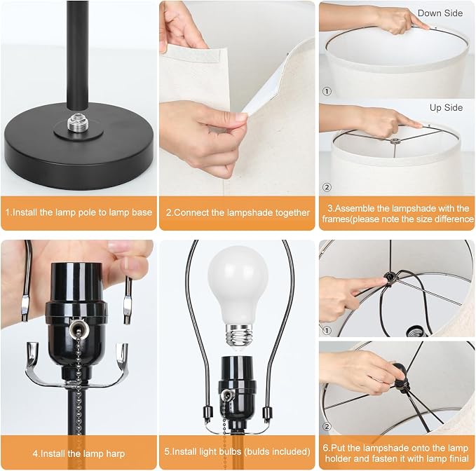 Black Bedside Lamp Tall Table Lamp 22" to 30" Adjustable Height 3 Brightness Way Nightstand with Beige Linen Shade Pull Chain Pole Lights for Living Room Guest Bedroom End Table(Bulb Included, Single) - Image 8