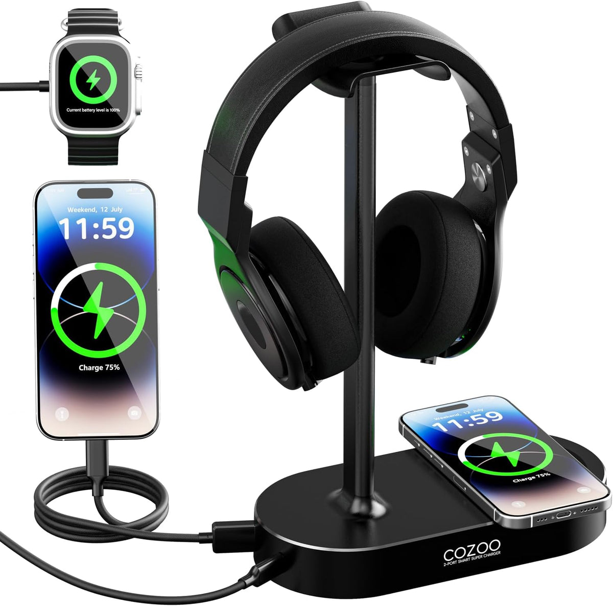 Headphone Stand with Fast Wireless Charging Pad and 2 USB Charging Ports, Suitable for Gaming, DJ, Wireless Earphone Accessories by cozoo