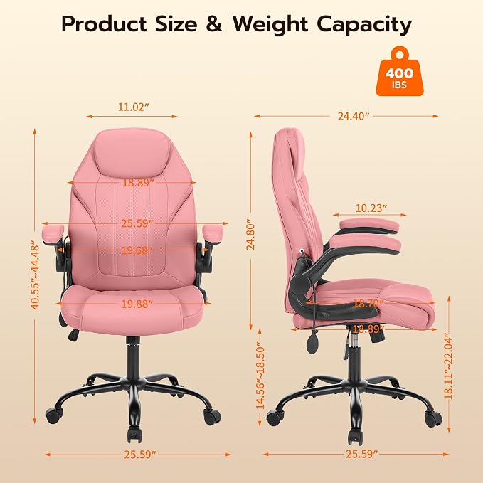 Ylzyxal Office Desk Chair, Ergonomic Computer Chair with Padded Flip-Up Arms and Adjustable Lumbar Support, PU Leather Executive Chair with Tilt Lock and 360° Swivel Rolling Wheels for Work, Study - Image 2