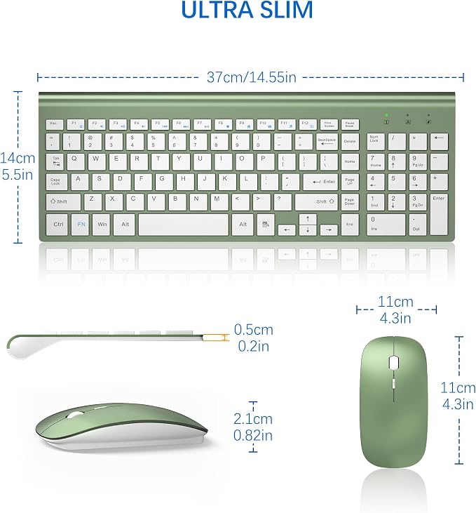 Wireless Keyboard and Mouse Ultra Slim Combo, TopMate - Green White | 2.4G Silent Compact 2400DPI Mouse and Scissor Switch Keyboard Set with Cover, Batteries Included, for PC/Laptop/Windows/Mac - Image 6