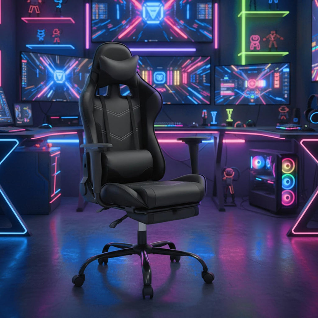 BestOffice | Ergonomic Gaming Chair | Dark Black | Reclining Computer Chair with Lumbar Support, Headrest Pillow, Adjustable Footrests | 360 Swivel with Heavy Duty Wheels | for Home & Office - Image 2