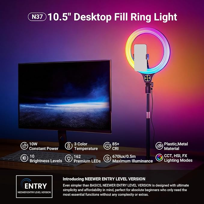 NEEWER ENTRY LEVEL VERSION N37 10.5" RGB Ring Light with Desktop Stand/Phone Holder Compatible with iPhone/Remote, 10W CRI85+ LED Lighting for TikTok YouTube Streaming Recording Laptop Zoom Video Call - Image 2
