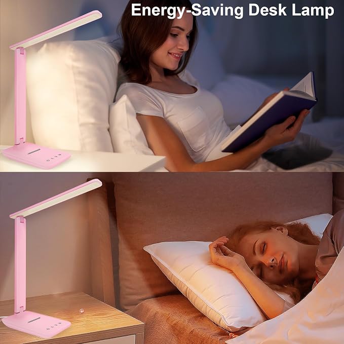 LED Desk Lamp for Office Home, Bright Desk Light with USB Charging Port, Adjustable Dimmable Desk Lamps 5 Modes 5 Brightness, Touch Study Lamp for Nail, Craft, Puzzle, Sewing, Study, Pink - Image 4