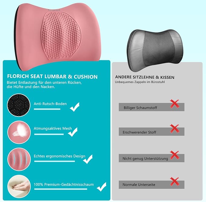 3 PCS Seat Cushion for Carseat Lumbar Support Pillow Car Neck Headrest Pillows Memory Foam Gel Memory Foam Massage Point Seat Pads Pressure Relief Back Cushion for Office Chair(Light Pink) - Image 8