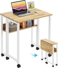 GreenForest Folding Desk with Wheels, 24.8" Rolling Table for Small Spaces | Storage Shelf, Lockable Casters, Compact Portable Workstation, Space-Saving Foldable Sofa Table, Home Office, Mobile, Oak by GreenForest