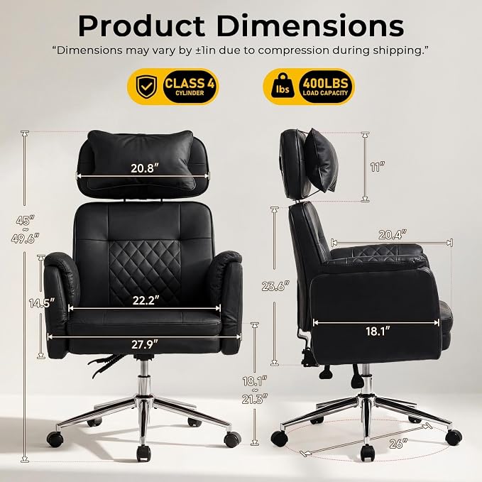 Big and Tall Ergonomic Office Chair, Criss Cross Desk Chair with Pivot Arms | High Back Executive Leather Chair with Spring Seat, Wide Computer Gaming Chair for Home, Makeup & Bedroom, Black, 49.6”H×22”W - Image 2