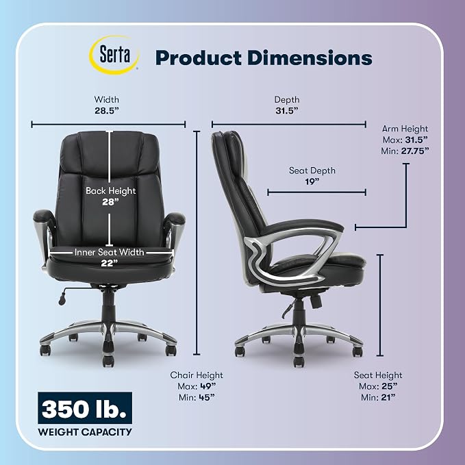Serta Ergonomic Big and Tall Executive Office Chair Lumbar Support, Leather | Fairbanks, Gaming Chair with Headrest, 350lb Capacity, Padded Arms, Semi-Plush Seat Cushion, Adjustable Height & Tilt, Black - Image 3