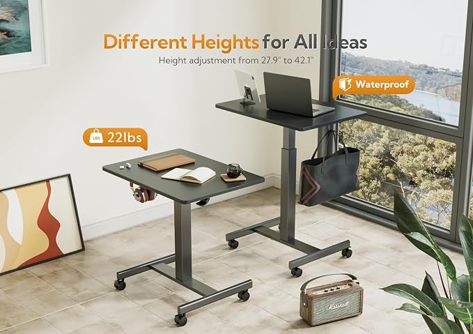 Claiks Mobile Rolling Desk Small Portable Laptop Cart on Wheels, 28" Black | Rolling Adjustable Desk, Lockable Wheels, Gas Spring Lift, Side Hook, Easy Assembly - Image 5