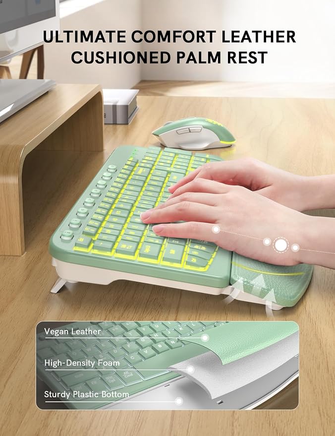 Wireless Keyboard and Mouse Combo, Ergonomic Wave with Wrist Rest | Rechargeable, Backlit Keys, Full Size, 2.4GHz USB Wireless, Leather Finish, MA12Pro Quiet Set for Windows, Mac, PC, Laptop - Image 2