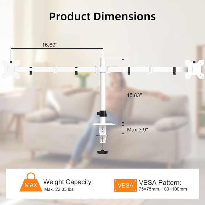 Pholiten Dual Monitor Stand, Heavy Duty Adjustable Monitor Arm Desk Mount for 2 Screens up to 38Inches, Tilt, Swivel, Rotate, Supports Tilt, Swivel, Rotate, Supports 22 lbs per Arm,White - Image 2