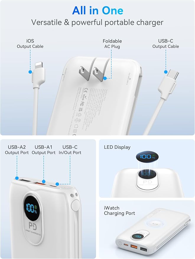 Portable Charger Power Bank 10000mAh PD20W w/Built-in Cables & AC Plug | Portable charger iphone,Fast charging, Built-in wall plug, LED display, Charge 6 devices at once, Pass through charging - Image 4