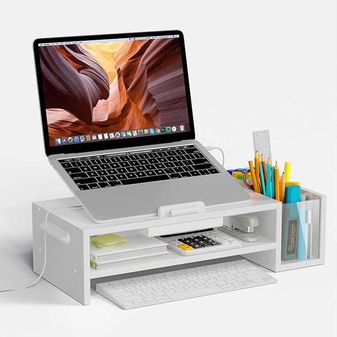 AFOOYO Adjustable Wood Laptop Stand, Ergonomic Height & Angle Computer Riser with Pen Holder – Compatible with MacBook Air/Pro, Dell, HP, Lenovo & 10-17.3" Notebooks – White by AFOOYO