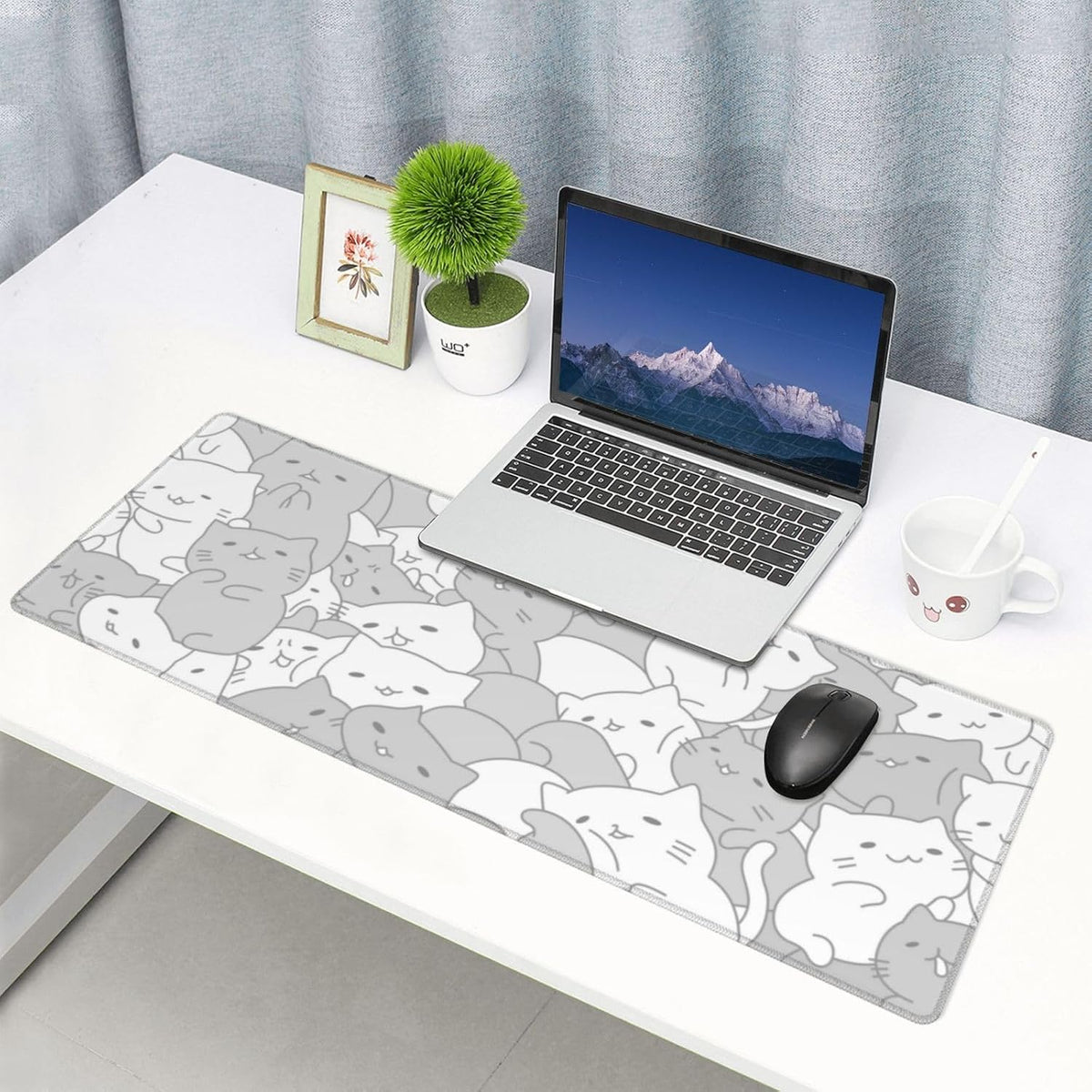 White Kawaii Cats E-Sport Mouse Pad Large Desk Mat Non-Slip Rubber Base Stitched Edge Keyboard Mouse Pad for Office Home E-Sport Computer Laptop, 31.5×11.8 Inches - Image 6
