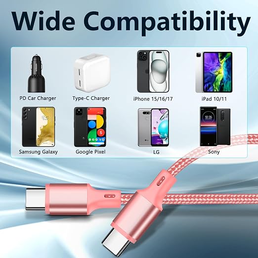 USB C to USB C Cable, 3 Pack 10ft Type C Fast Charger Cord (Pink) | Nylon Braided High-Speed Data Transfer Wire for iPhone 17/16/15 Plus/Pro Max iPad Air Ps5 Controller Samsung Galaxy - Image 6