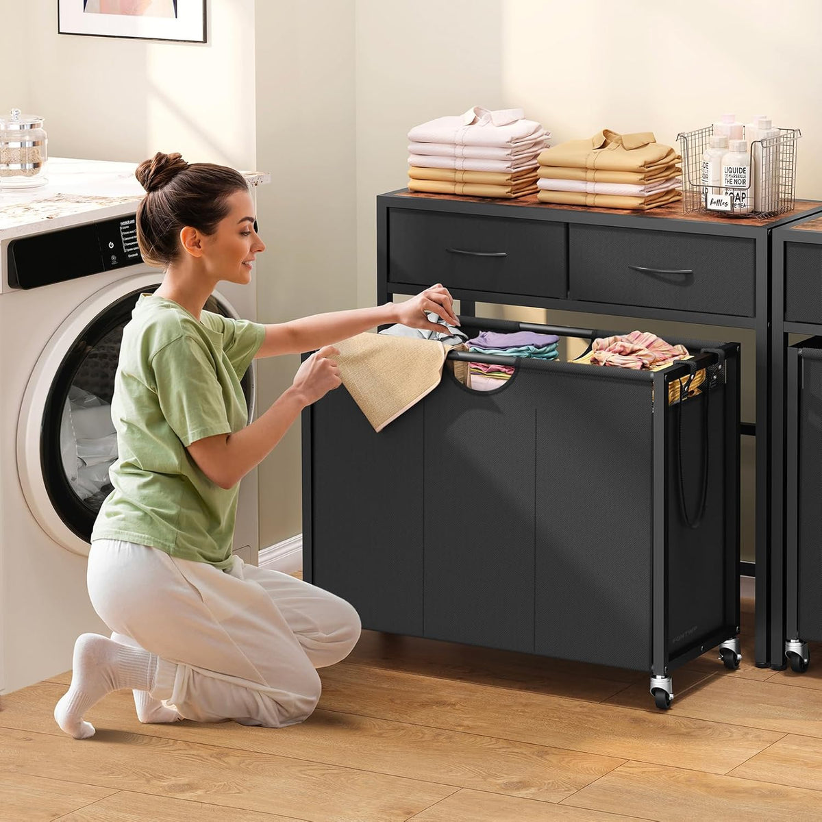 Laundry Sorter 3 Section with Tabletop & 2 Drawers, Rolling Laundry Hamper with Pull-Out and Removable Bags, Laundry Basket Organizer with Wheels and Shelf, Metal Frame Rustic Brown for Laundry Room - Image 2