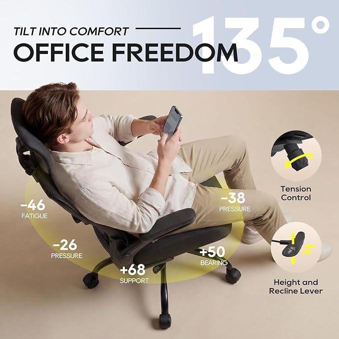 Ergonomic Office Chair for Long Hours, Adjustable Padded Lumbar Support for Lower Back Relief, 330 lb Capacity, Comfortable Computer Desk Chair for Home Office, Work & Study - Image 3