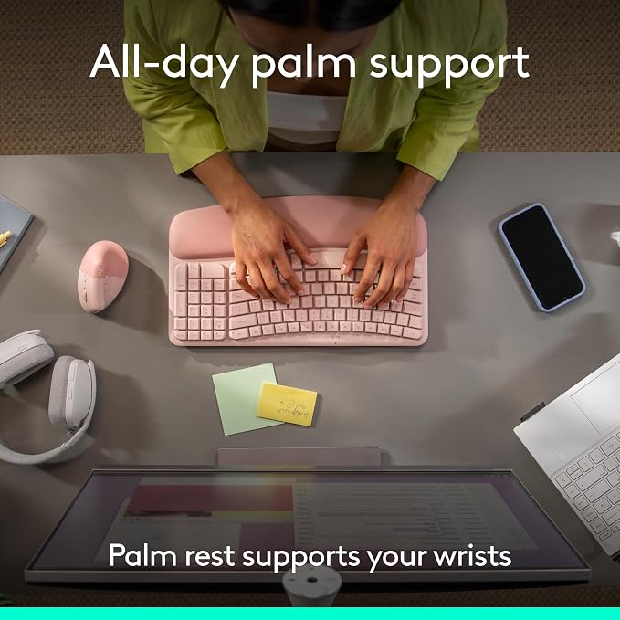 Logitech Wave Keys Wireless Ergonomic Keyboard - Rose | Cushioned palm rest, comfortable natural typing, Easy-Switch, Logi Bolt Receiver, Multi-OS, Windows/Mac - Image 4