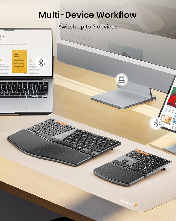 ProtoArc Wireless Ergonomic Keyboard with Separate Number Pad - Space Gray | 2.4G and Dual Bluetooth, Hard Palm Rest, Split Design, Rechargeable, Compatible with Windows, Mac - Image 4