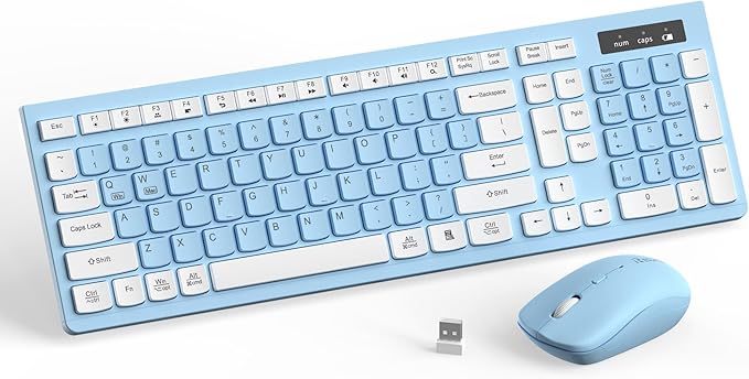 Wireless Keyboard and Mouse Combo Silent for Office and Home(Sky Blue-A) | 2.4G Full Size Silent Cordless Keyboard with Tilt Legs,3-Level DPI Quiet Mouse,for Windows/Mac OS/Desktop/Laptop/PC by RECCAZR