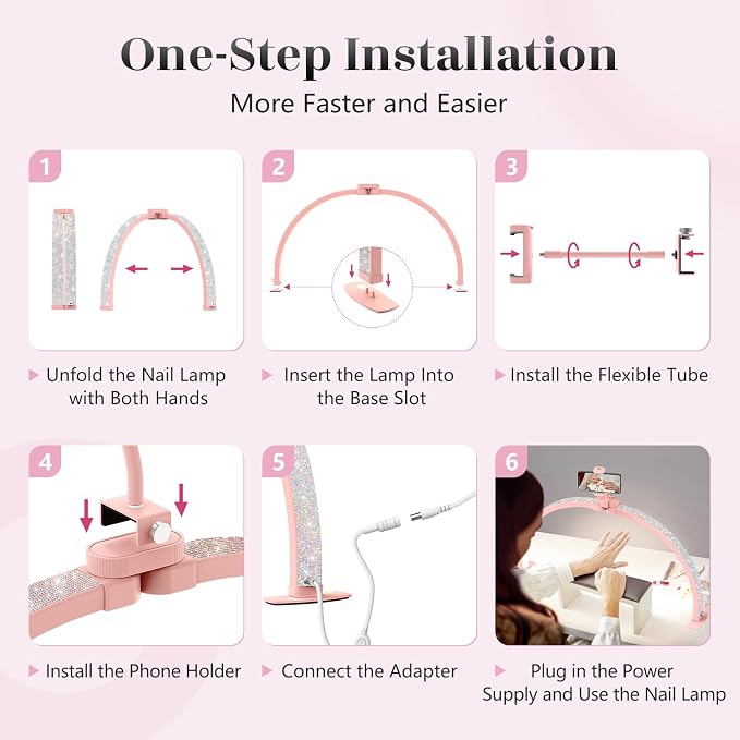 Yokilly Half Moon Light for Nail Desk: 29" Foldable Nail Light for Desk | AB Diamonds Arch Nail Tech Light with Phone Holder for Beginner - 3 Color Modes & 10 Brightness for Manicure Salon-Pink - Image 5