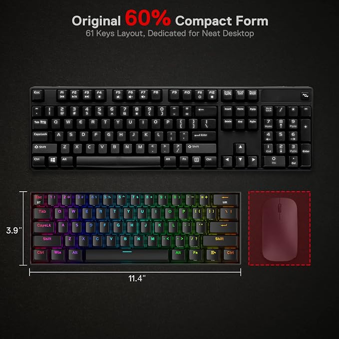 Redragon K530 Pro Draconic 60% Wireless RGB Mechanical Keyboard, BT/2.4Ghz/Wired 3-Mode 61 Keys Compact Gaming Keyboard w/Hot-Swap Socket, Free-Mod Plate Mounted PCB & Tactile Brown Switch - Image 5
