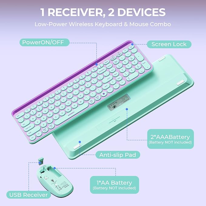 seenda CTU-301 Bluetooth Keyboard and Mouse Combo for iPad,Green&Purple | Bluetooth+2.4G combo with tablet holder, full-size keys and quiet clicks for iPad, iPhone, Mac, Windows and Android. - Image 5