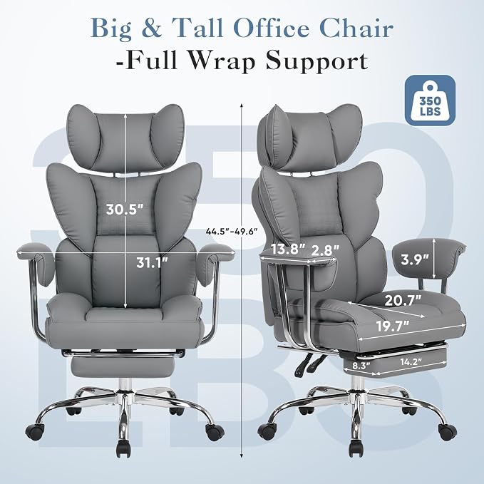 Big and Tall Office Chair 350 LBS, Scratch-Resistant PU Leather Executive Office Desk Chair with Footrest, Ergonomic Reclining Computer Chair with Pocket Spring Support for Home Office, Grey - Image 2