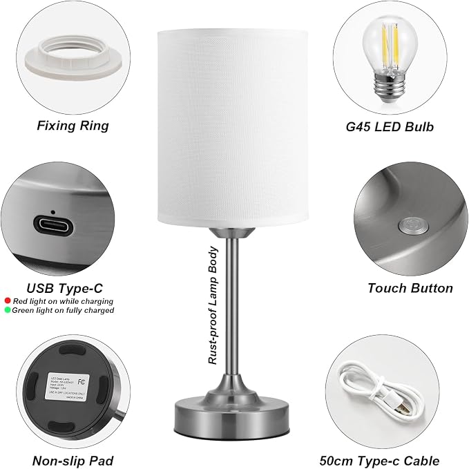 Touch Control Cordlss Table Lamp, USB-C Rechargeable Lamp with Stepless Dimming, 4000mAh Battery Operated Bedside Lamp for Bedroom, Living Room, Night Light & Emergency Lighting, Silver, 2 Pack - Image 6