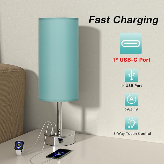Teal Touch Table Lamp for Bedroom - Bedside Desk Lamp for College Dorm | USB A+C Ports, 3-Way Dimmable, LED Bulb Included, Teal Fabric Lampshade, Silver Metal Base, Compact 14" Night Stand Lamp - Image 6