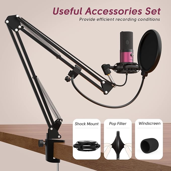 FIFINE T669 Rose Red Podcast Microphone Kit with Boom Arm for Recording | PC Computer Microphone for Streaming, Gaming, Voice-Over, Meeting, Shock Mount, Pop Filter - Image 6