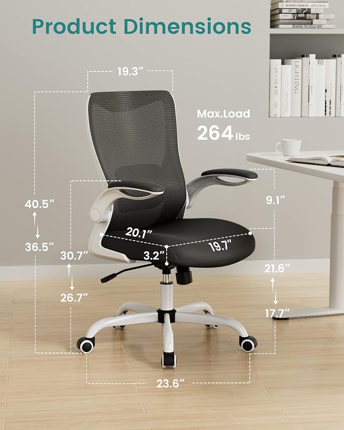 Office Chair, Ergonomic Desk Chair with Adjustable Lumbar Support and Flip up Armrest, Breathable Mesh Computer Chair for Home Office, White - Image 2