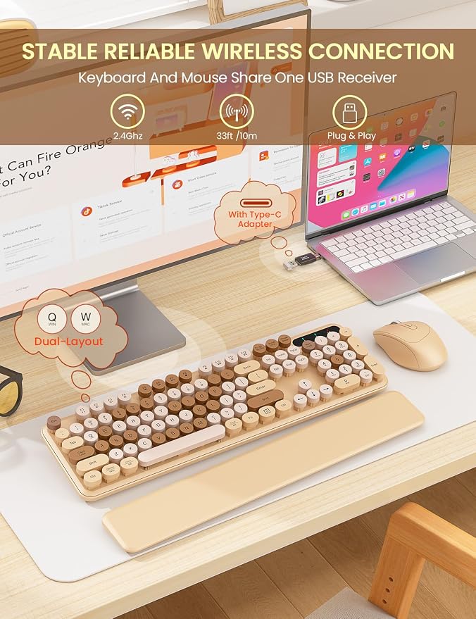 Wireless Keyboard and Mouse Combo, Cute Typewriter, Magnetic Wrist Rest | Full-Size, Round Keycaps, Smart Sleep Mode, 2.4GHz Stable Connection for Mac/Windows/PC, Office or Home, Trueque CK24 - Image 4