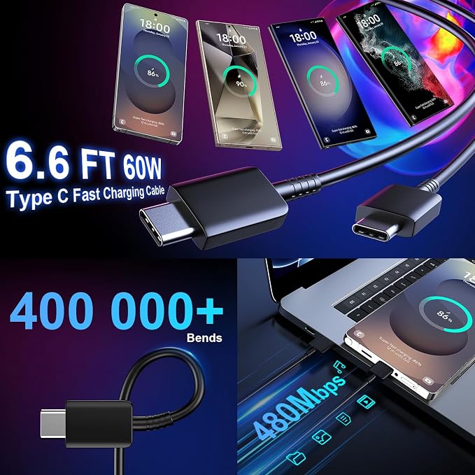 USB C Android Charger Fast Charging Cord, Super Fast Phone Chargers 6.6FT C to C Type Cable with 25W USBC Wall Block for Samsung Galaxy S26 S25 S24 Ultra Plus/S23/S22/S21/S20/Note 20/10, White+Black - Image 4