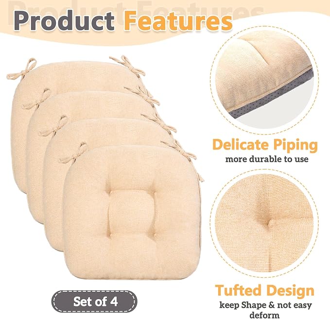 MAGIC ELEPHANT Chair Cushions for Dining Chair, Shredded Memory Foam Kitchen Chair Cushions Set of 4, Non-Slip Thick Dinning Room Chair Pads Seat Cushions, 15.5" x 15.5" x 4" (Beige) - Image 5