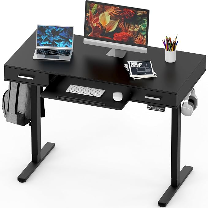SHW 48-Inch Electric Height Adjustable Desk w/Keyboard Tray, Black | w/ 2 Drawers | Memory Presets and Cable Management | Hanging Hooks by SHW