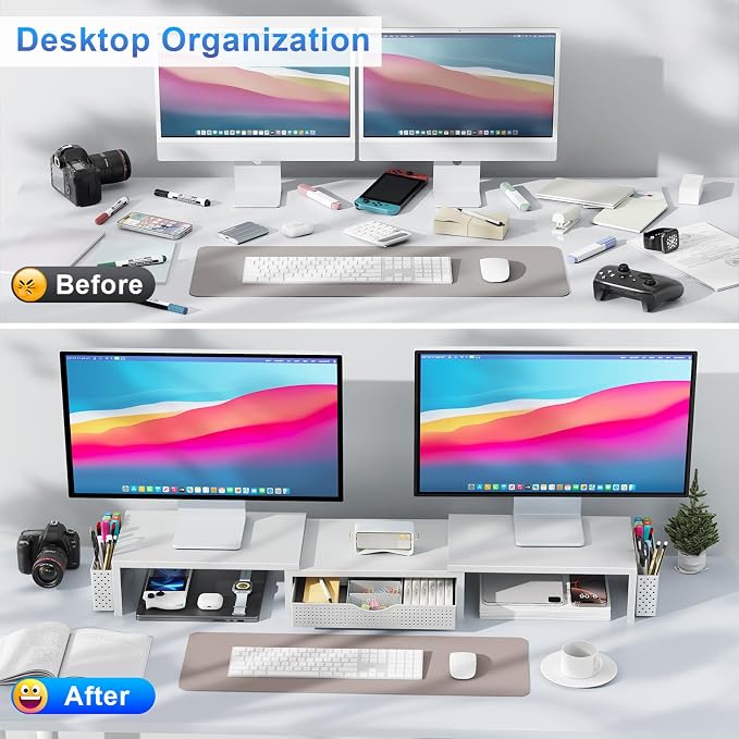 gianotter Dual Monitor Stand Riser With Drawer and 2 Pen Holders | Computer Monitor Stand Desk Organizer and Accessories Desk Shelf for Top of Desk (White) - Image 2