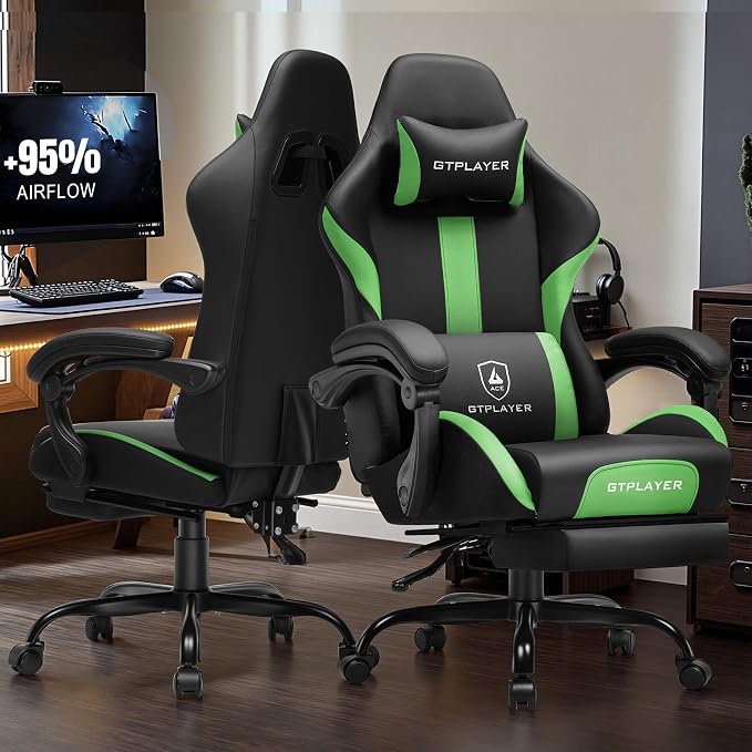 GTPLAYER Gaming Chair with Pocket Spring Cushion, Leather Office Chair with Ergonomic High Back & Lumbar Support for Back Pain Relief, Computer Game Chair for Adults, Grass Green - Image 2