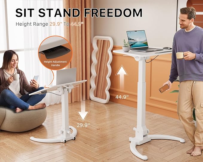 JOY worker Foldable Mobile Standing Desk, Adjustable Portable Desk, White | 90° Tiltable MDF Desktop with Strip, Height Adjustable, Collapsible Low Base with Hidden Wheels, Holds 22lbs, for Home Office - Image 3