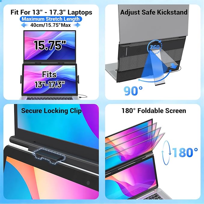 Laptop Screen Extender, 15.6" Ultra-Light & Thin Dual Monitor Extender with 1080P FHD IPS, Eye Care & Neck-Friendly, USB-C/HDMI Plug-Play Portable Monitor for Mac/Win/Android, Fits 13-17" Laptops - Image 6