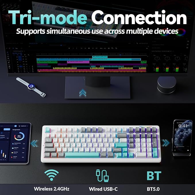 LINGBAO K98 96% Mechanical Creamy Wireless Gaming Keyboard With Number Pad | BT5.0/2.4G/USB-C, Gasket Custom Hot-Swappable Keyboard, 10000mAh Battery, RGB Backlit, Creamy Sound for Windows Mac PC Gamers - Image 3