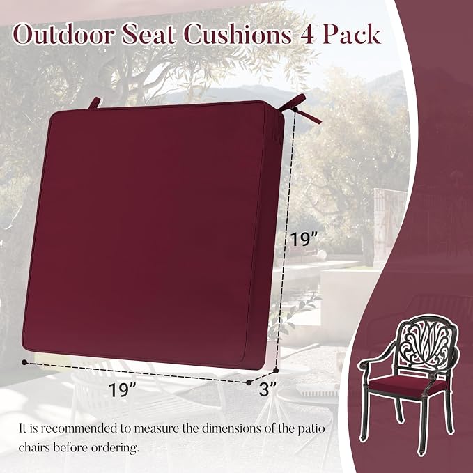 Basic Beyond Outdoor Chair Cushions for Patio Furniture, Waterproof Outdoor Seat Cushions Set of 4 19 x 19, Patio Chair Cushions Set of 4 with Ties and Handle, Burgundy - Image 6
