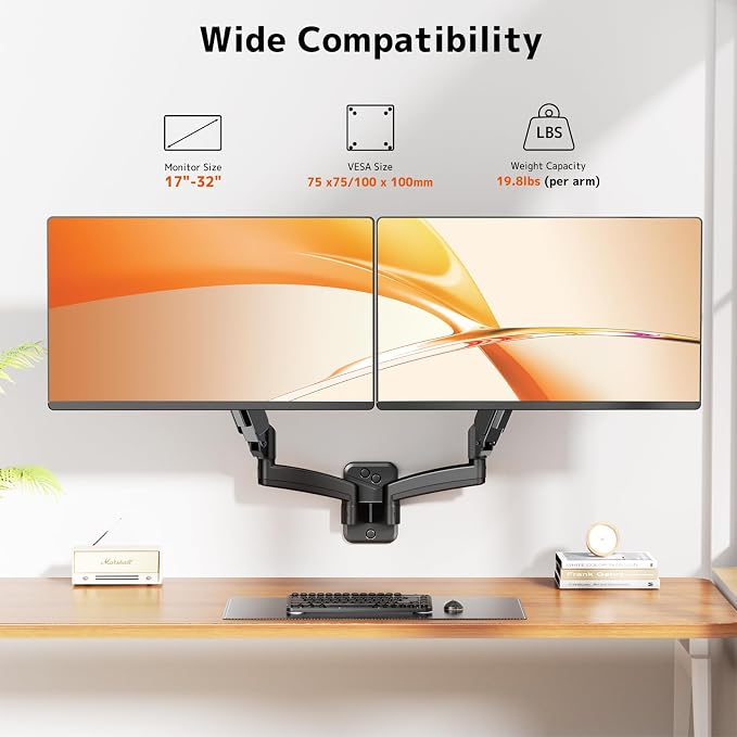 Dual Monitor Wall Mount for 17-32 inch Flat/Curved Computer Screens | Aviation-Grade Aluminum Gas Spring, Full Motion, Holds Up to 19.8lbs per Arm, VESA 75/100 mm, Black - Image 2