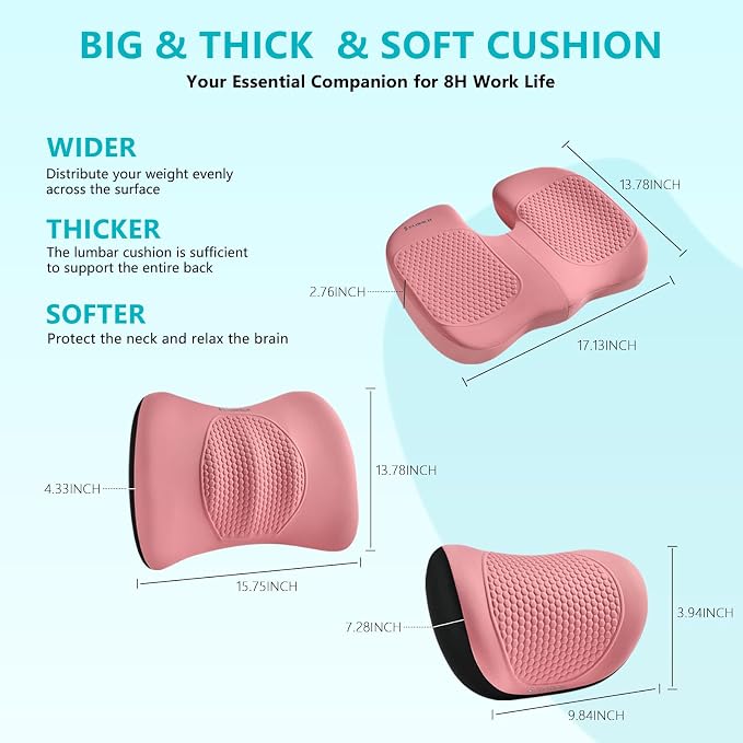 3 PCS Seat Cushion for Carseat Lumbar Support Pillow Car Neck Headrest Pillows 100% Memory Foam Seat Pads Pressure Relief Back Cushion for Office Chair(Pink) - Image 4