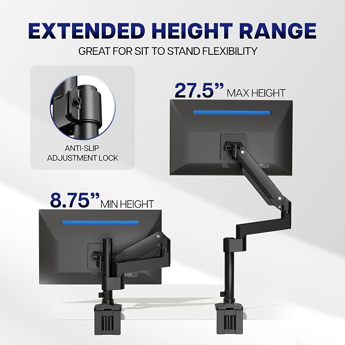 VIVO Premium Aluminum Tall Extended Monitor Arm for Ultrawide Monitors up to 49 inches and 33 lbs, USB Single Desk Mount Stand, Pneumatic Height Adjust, Max VESA 100x100, Black, STAND-V101GTU - Image 3