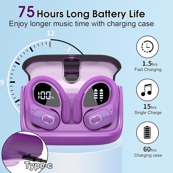 Wireless Earbuds 75H Bluetooth 5.4 Sport Headphones with Earhooks, Purple | IPX7 Waterproof In-ear Buds Feature ENC Noise Cancelling Mic & Deep Bass. Stereo Sound Device for Gym Running Workout - Image 6