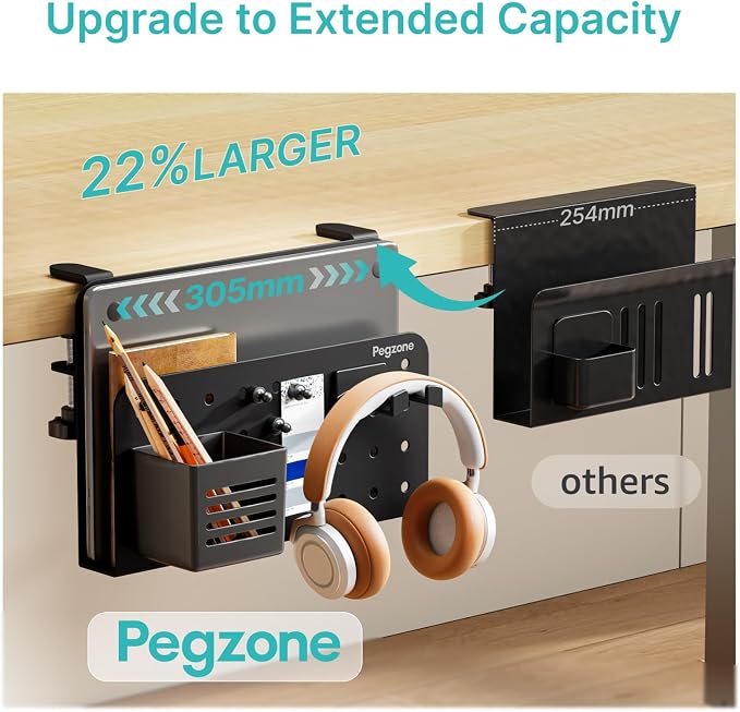 Desk Side Storage Organizer, Fits Flat Edge 0.4" to 2.2", Black | No Drill Under Desk Laptop Holder, Clamp on Desks Shelf with Pegboard Accessories, Hanging Laptop Mount - Image 5