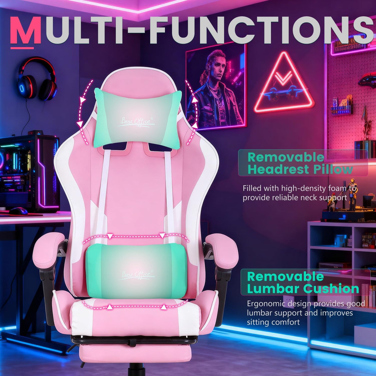 Gaming Chair Office Chair Desk Chair with Footrest Lumbar Support Headrest Armrest Task Rolling Swivel Ergonomic E-Sports Adjustable PC Gamer Chair(Pink) - Image 4